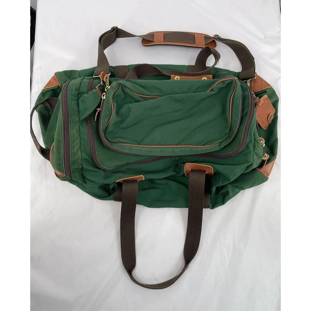 Vintage LL Bean Duffle Bag Green Canvas Leather Trim Weekender